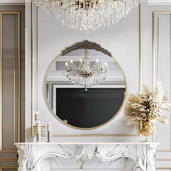 Vintage Baroque Brass Gold Mirror Metal Frame Antique Glam Round Wall Mirror {1}