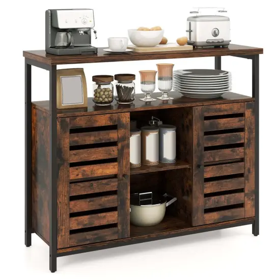 Costway Buffet Cabinet Industrial Sideboard Storage Cabinet with Push-to-Open Slatted Door {1}