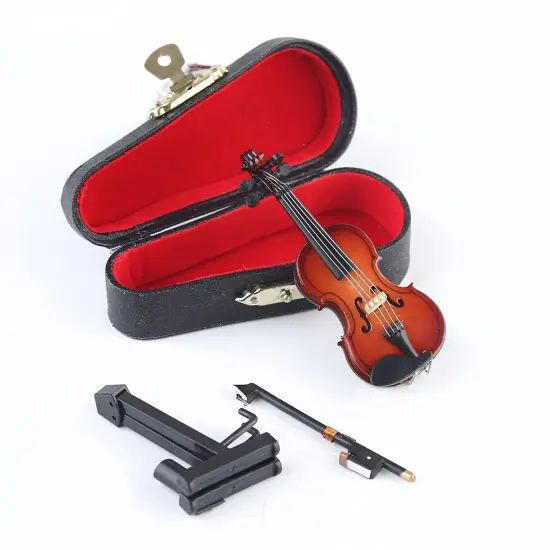 Wooden Miniature Violin with Stand,Bow and Case Mini Musical Instrument Miniature Dollhouse Model Home Decoration (3.15"x1.18"x0.59") {2}