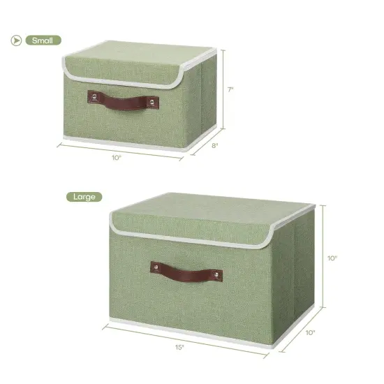 Storage Bin with Lid Storage Boxes with PU Leather Handles PP Plastic Board Decorative Foldable Lidded Cotton Linen Fabric Home Cubes Baskets Closet Organizer Container - Green, Small Size {4}