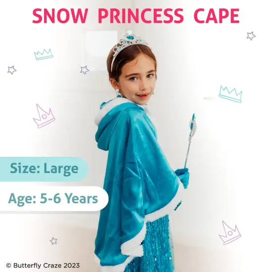 Butterfly Craze Snow Princess Kids Cape with Hood - A Gorgeous Ice Blue Children's Warm Winter Wrap Shawl Perfect for your Toddler's Adventure, Pretend Play & Dress up Costume, Cape Only, L 5-6yrs {2}