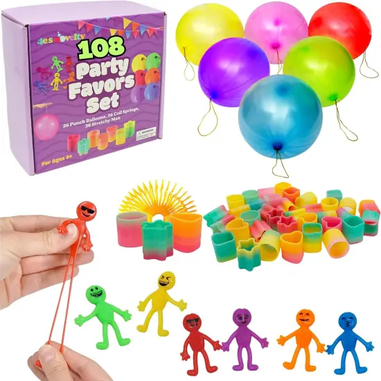 4E's Novelty 108 Pcs Prizes, 36 Of Each, Punch Balloons, Mini Coil Spring, Stretchy Bendable Man, Birthday Party Favor Sets for Kids, Sensory Fidget Treasure Chest Prize Box Toys for Classroom {1}