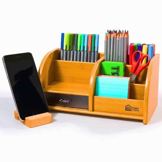 Desktop Organizer with Double-Slot Cell Phone Holder, Wooden Multifunctional Desk Storage Box with Drawer for Work from Home Office Supplies, Students, Desk Accessories, Phone Stand, Charging Station {3}