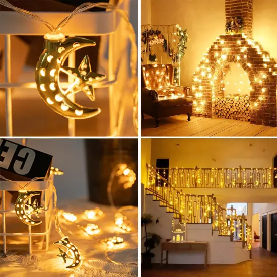 Vigdur Ramadan String Lights - 20 LEDs Eid Mubark Moon Star Fairy Lights Battery Operated with Timer, Ramanda Decoration Lights for Eid Al Adha Ramadan Home Decor, 10FT {5}