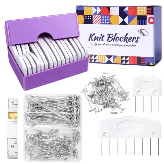 130 Pcs Knit Blockers Kits, Blocking Knit Combs Pins Set for Knitting, Knitting Tools Knitter Crochet, with Flexible Tape Measure Ruler, Silver T-Pins for Sewing Lace or Needlework Projects Device {1}