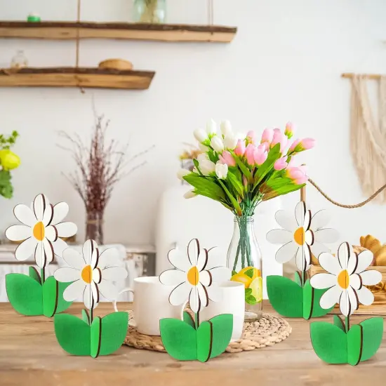 12 Pcs Spring Daisy Wood Signs Retro 3D Flowers Table Decoration Rustic Farmhouse Daisy Table Centerpiece Floral Block Tabletop Signs for Spring Home Tiered Tray Decor {4}