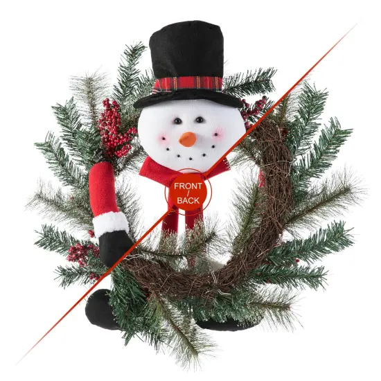 24"D Christmas Flocked Pine Needle & Berry Wreath with matched 20&ldquo;H Christmas Fabric Snowman Ornament Sets {6}