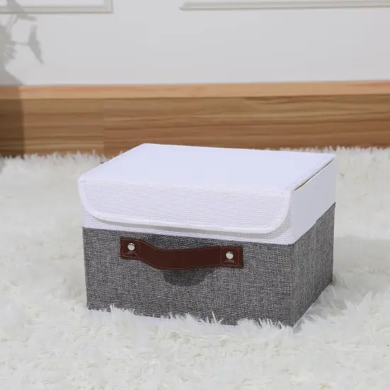 ANMINY Storage Boxes with Lids Washable Decorative Storage Bins Basket with PU Leather Handle Foldable Linen Fabric Storage Cubes Containers for Home Closet Organizer - Gray White, Small Size {3}
