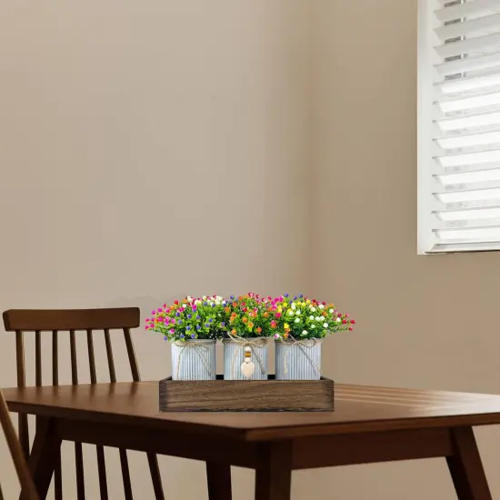 Table Centerpiece Decoration Artificial Flower Set with 3 Fake Milan Bouquet and Wood Tray for Desk Home Bathroom Office D&eacute;cor {4}