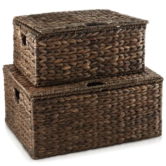 Water Hyacinth Storage Baskets with Lids, Rectangular Woven Wicker Tote Bins {5}