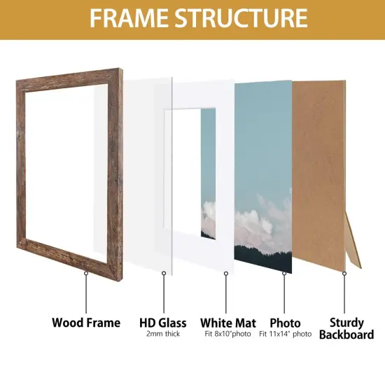 Califortree Rustic Brown 11x14 Picture Frame - Display Photos 8x10 with Mat or 11x14 Without Mat - Real Glass Inside - Set of 2 {5}
