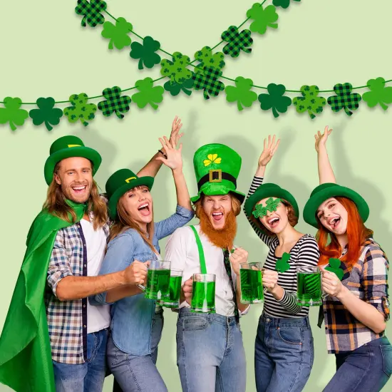 4PCS Felt Shamrock Clover Garland Banner - NO DIY, St. Patrick's Day Decorations - Buffalo Plaid Dark Green Light Green Happy St. Patrick's Day Banner for Home Mantel Office Irish Day Party Supplies {4}
