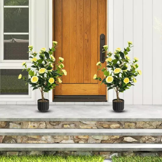 2-Pack 38" Faux Camellia Tree Artificial Floral Plant for Decoration Yellow {2}