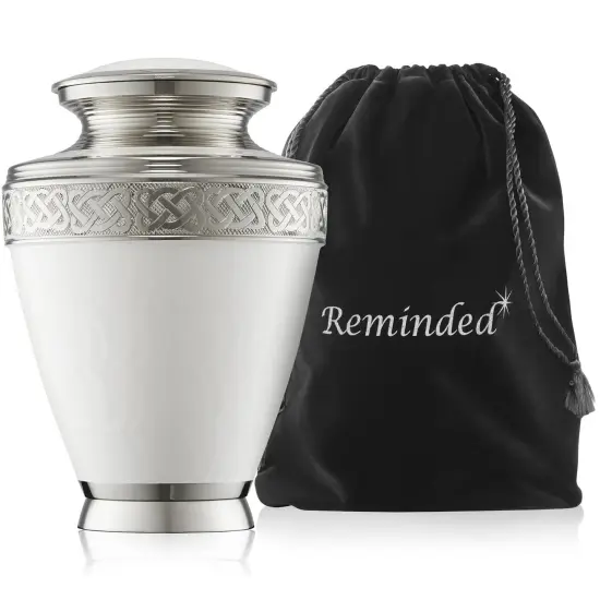 Adult Cremation Urn for Human Ashes - White and Silver with Velvet Bag {1}