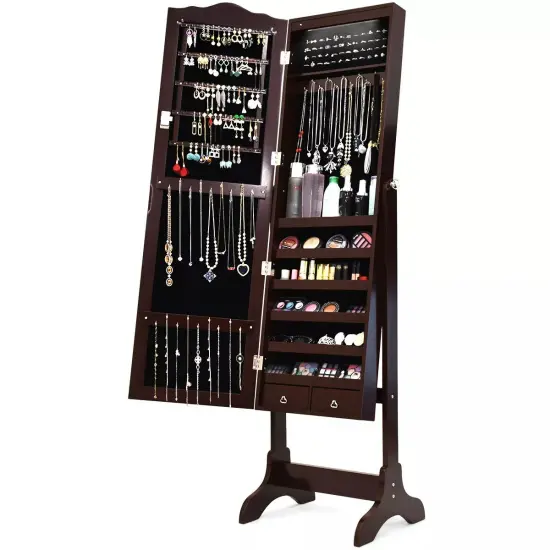 Freestanding Mirrored Jewelry Cabinet W/Storage Space Modern Organizer LED {1}