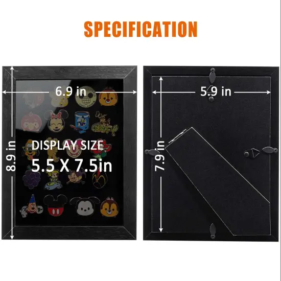 Pin Display Frame, 7x9 Shadow Box for Wall and Tabletop Mount, Pin Collection Display, Brooch Holder for Enthusiast, Black {6}