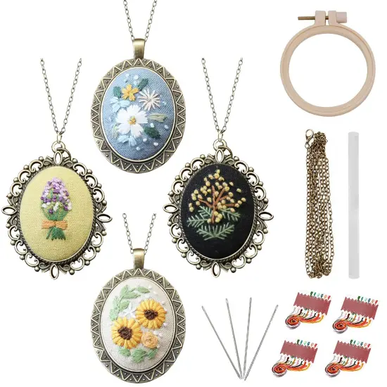 ZOCONE 4 Packs Embroidery Necklace Kit, Embroidery Pendant Kit Mini Cross Stitch Kit with Hoop, Necklace, Pendant, Stamped Pattern Cloth, Instructions, etc., Embroidery Kit for Adults {1}