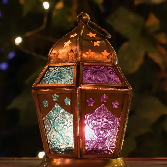 In the Breeze 9210 &mdash;Teal & Purple Hex Tealight Lantern &mdash; Moroccan-Style Boho Chic Tealight Glass and Metal Tabletop Lantern {3}