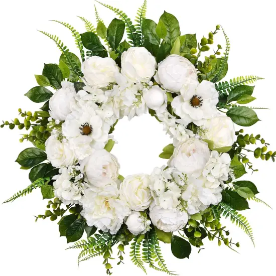 Peony Spring Wreath for Front Door, 20 Inch White Floral Wreath Seasonal Door Wreaths {1}