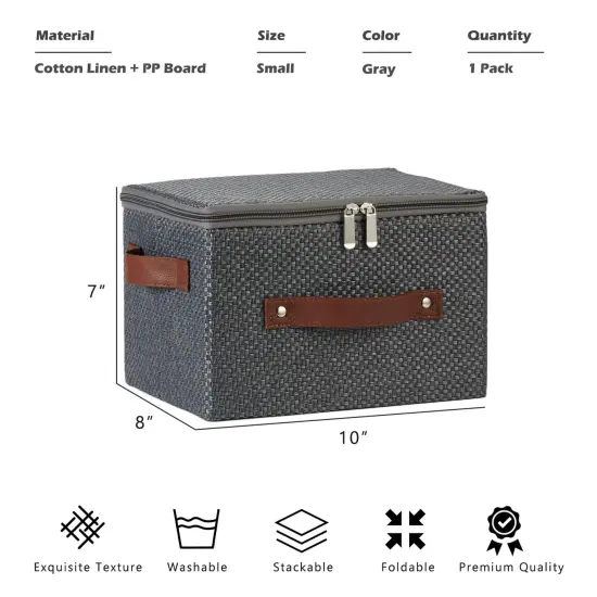 Storage Bins with Lid Fabric Storage Box Basket PU Leather Handle Textured Woven Cotton Linen Decorative Foldable Washable Shelf Closet Organizer Container (Zipper Lid, Gray, Small) {1}
