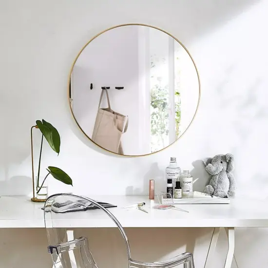 27.5" Modern Style Wall-Mounted Round Mirror Metal Bathroom Entryway Use Gold {3}