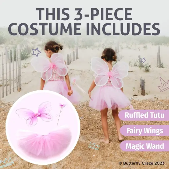Butterfly Craze Fairy Princess Tutu Costume Set - Includes Glittery Sparkle Wings, Tutu Skirt, & Wand for Girls' Dress Up, Pretend Play & Ballet Dance Recitals, For Toddlers and Kids, Pink, Small {3}