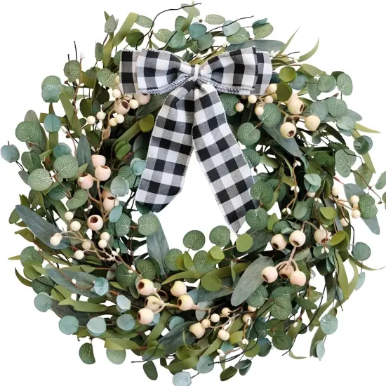 Artificial Spring/Summer Wreath 24 Inch Evergreen Wreaths for Front Door Eucalyptus Wreath with Berries for Outside All Seasons Indoor Outdoor Decor {1}