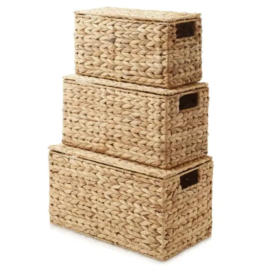 3-Piece Hyacinth Nesting Basket Set, Stacking Storage Wicker Bins with Lids Natural {2}