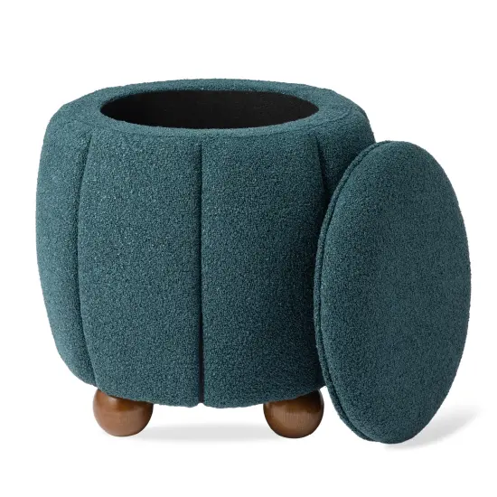 19"H Boucle Upholstered Storage Ottoman Stool with Rubberwood Feet Blue {5}