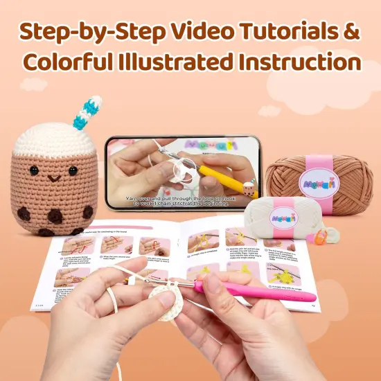 Crochet Kit for Beginners Level 1 with 40% Extra Pre-Started Easy Yarn, Step-by-Step Video Tutorials for Adults and Kids (Boba) {5}