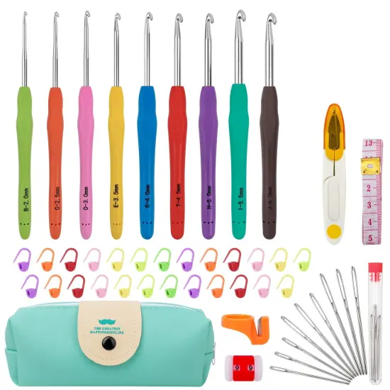 Crochet Hooks 9 Sizes Crochet Hook Set, 49 Pack Yarn Crochet Kit for Beginners, Knitting Needles with Ergonomic Handles for Arthritic Hands, Crochet Needle Kit with Blue Case for Crocheters {1}