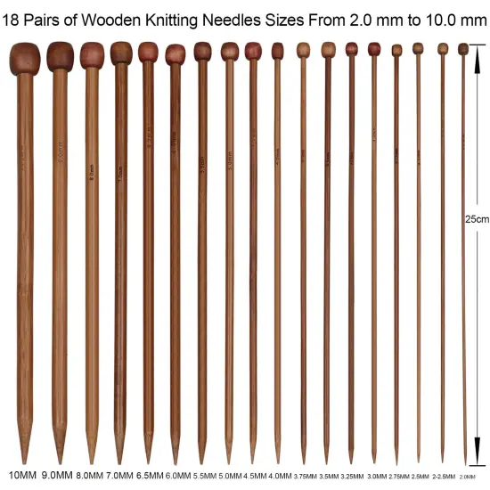 Bamboo Knitting Needles 18 Pairs Knitting Needles Set - 10 Inches Wooden Knitting Needle Single Point Knitting Needles with Roll Bag - Portable Knitting Needle Set for Beginners (2mm - 10mm) {6}