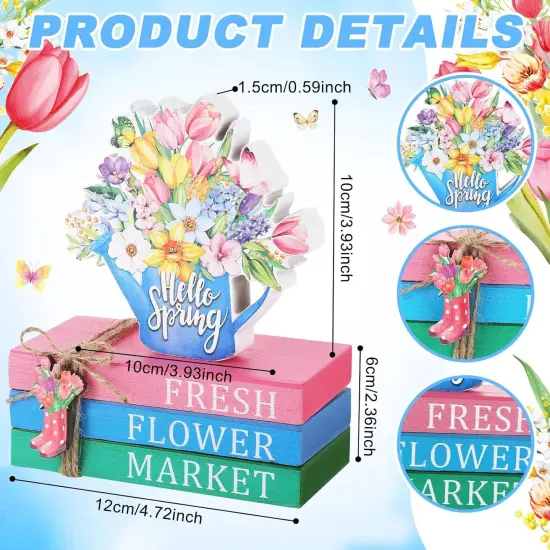 Spring Table Decorations Hello Spring Wooden Signs Flower Book Stack Decor Farmhouse Tabletop Centerpieces Easter Decor for Home Table Kitchen Shelf Tiered Tray {2}