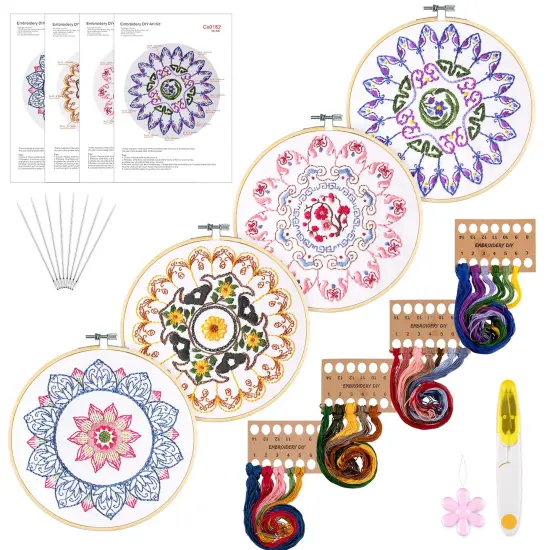 4 Mandala Embroidery Starter Kit with Instruction Plum Blossom Chrysanthemum Orchid Lotus Needlepoint Cross Stitch Kit with Embroidery Hoop Threads Needle Scissors for Beginners DIY Craft {1}
