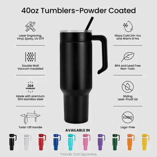 Makerflo 40 oz Powder Coated Tumbler with Sliding Splash & Leak Proof Lid and Handle Sold Separately, Ideal for Craft and Personalization (Laser Engraving, UV DTF, Epoxy, and Vinyl) {9}