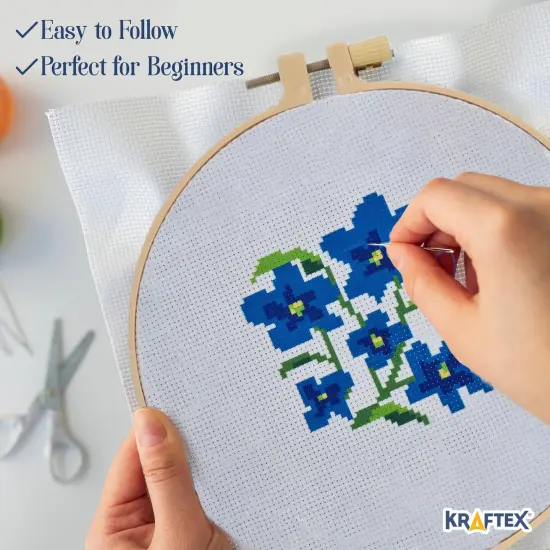 Floral Stamped Cross Stitch Kits for Beginners - 3 Pack. DIY Embroidery Needlepoint Patterns for Adults and Kids. Easy Cross Stitch Kits for Beginners (Blue Flowers, Forget Me Not & Fuschia) {5}