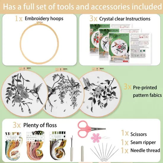 3 Sets Hummingbird Embroidery Kit for Beginners Needlepoint Kits for Adults Cross Stitch Kits with Clear Instructions,Easy Funny Stamped Bird Patterns Fabric Hand Crafts {6}