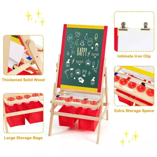 Kids Art Stand Wood Whiteboard Chalkboard w/ Paper Roll &Full Set of Accessories {3}
