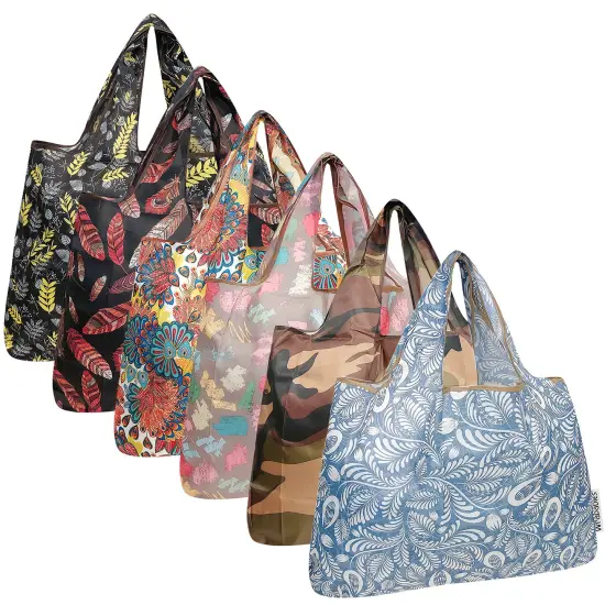Wrapables Large Foldable Tote Nylon Reusable Grocery Bags, 6 Pack, Exotic Feathers {1}