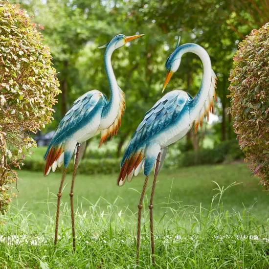 Set of 2 -38.25"H/39.25"H Metal Standing Crane Garden Statue with Stakes {2}