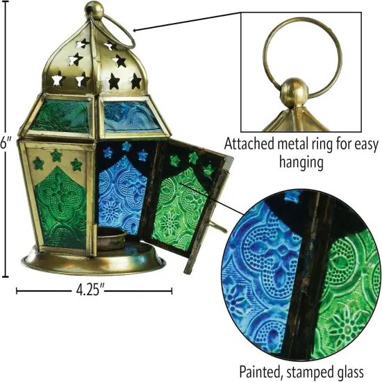 In the Breeze 9209 — Blue & Green Hex Tealight Lantern — Moroccan-Style Boho Chic Tealight Glass and Metal Tabletop Lantern {5}