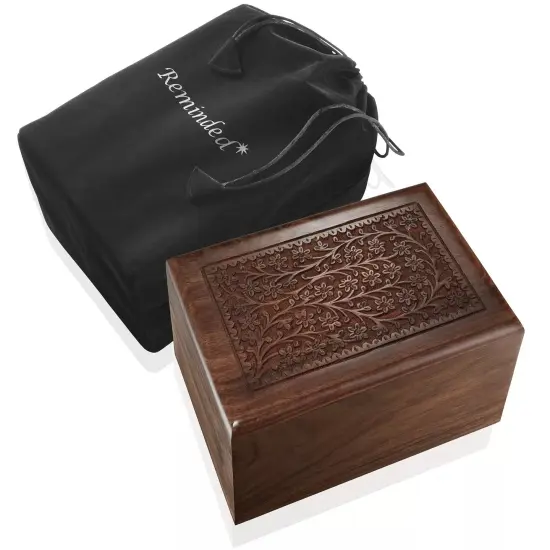 Rosewood Hand-Carved Floral Wood Memorial Cremation Box with Velvet Bag - XL {1}