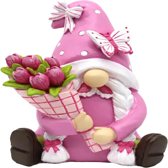 Spring Pink Gnome Figurine Decor- 5.7'' Waterproof Resin Garden Gnome Statues - Pink Gnome Spring Decor for Easter, Gnome Decorations for Home {1}