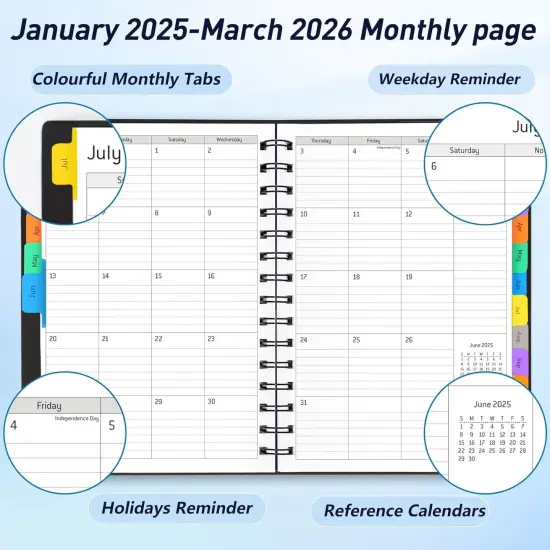 Daily Planner 2025-2026, 15 Month Planner with Tabs, Yearly Monthly Weekly Daily Time Management Planner, January 2025-March 2026, Office Home School Supplies for Women & Men-A5(5.7" x 8.3"), Black, 100GSM Thick Paper, Spiral Bound {3}