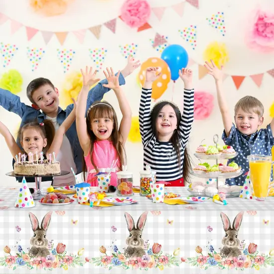 3Pcs Spring Easter Bunny Buffalo Plaid Checkered Tablecloth Decorations,Plastic Rabbit Egg Floral Pastel Dinner Table cover for Indoor Outdoor Birthday Easter Baby Shower Party Supplies,54x108 Inch {4}