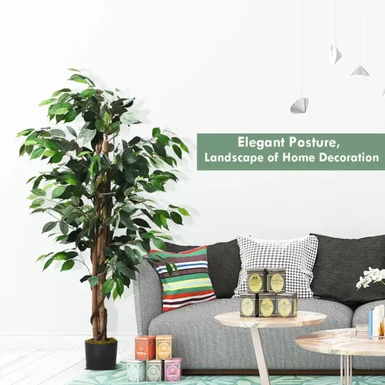 4 Feet Artificial Ficus Silk Tree Living Room Decoration Wood Trunks Green {2}