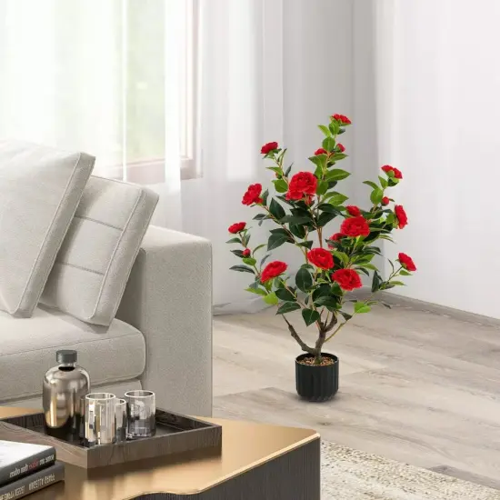 2-Pack 38" Faux Camellia Tree Artificial Floral Plant for Decoration Red {3}