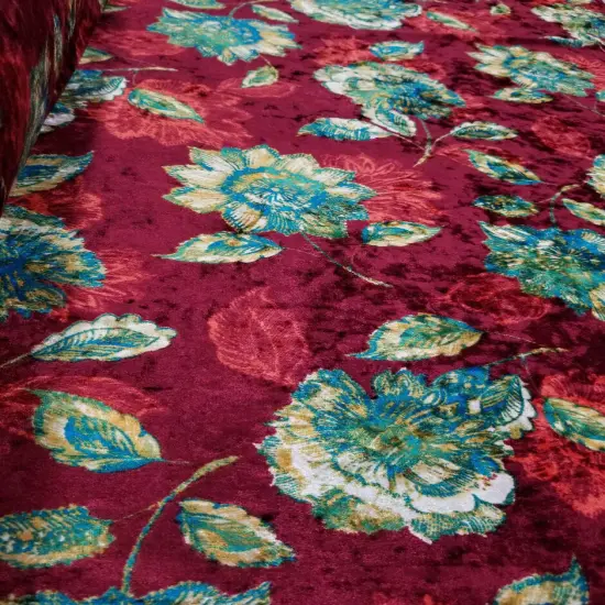 1 Yard Blue Rust Crushed Floral Stretch Velvet Fabric for Dresses Upholstery Curtains 60 Inch Width {3}