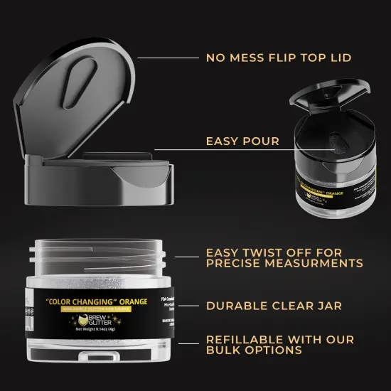 Brew Glitter - Orange Color Changing Edible Drink Glitter (4g, x1 Flip-Cap Jar) for Beer, Cocktails and Beverages {5}