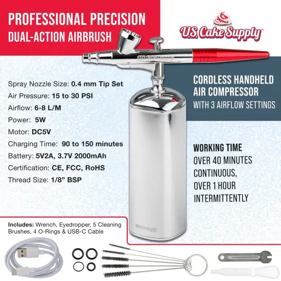 U.S. Cake Supply - Complete Cordless Handheld Airbrush Cake Decorating System, Professional Kit with a Full Selection of 24 Vivid Airbrush Food Colors {2}